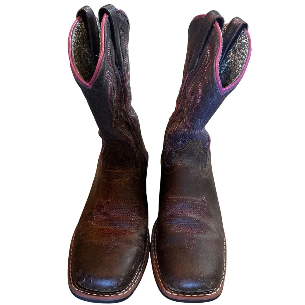 Dan Post Brown Leather Purple Embroidered Western Cowboy Boots Youth 5.5